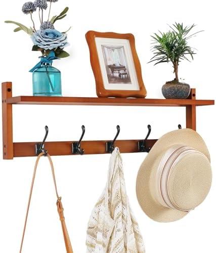 Exper City Coat Rack Wall Mount with Shelf, 26IN Wooden Coat Hanger Hooks Wall Mount with 5 Metal Hooks, Hanging Shelf with Hooks, Retro Walnut