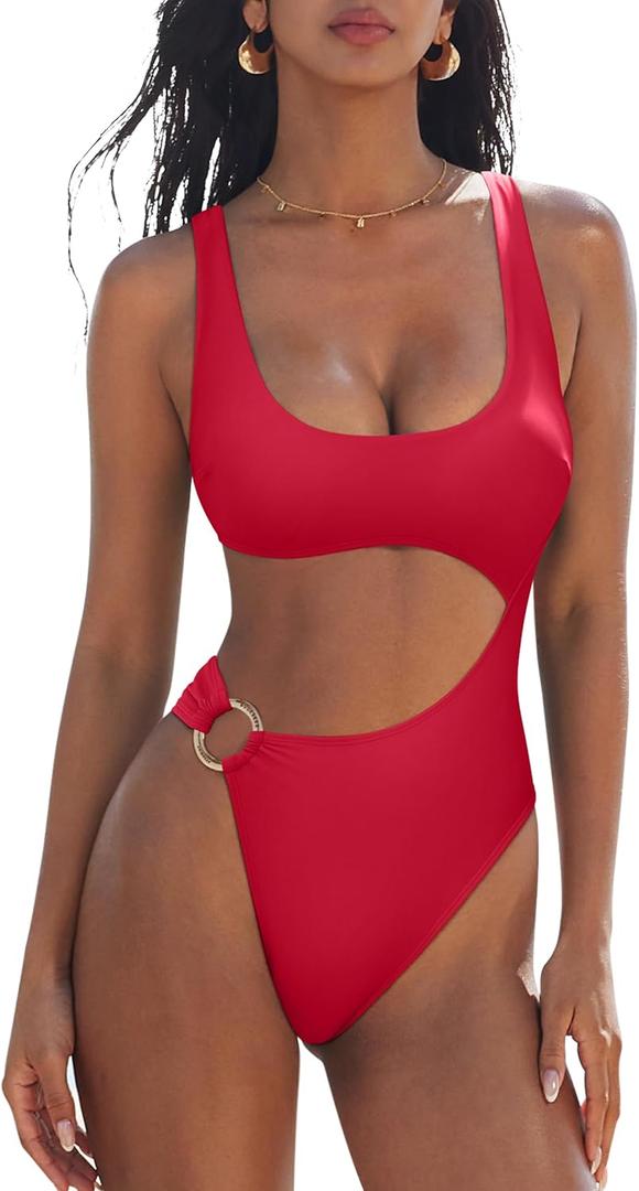 SUUKSESS Women Sexy One Piece Tummy Control Swimsuit Cutout Backless Bathing Suit (Large, Red)