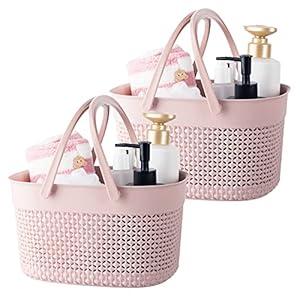 rejomiik 2 Pack Plastic Shower Caddy Basket, Portable Organizer Storage Tote with Handles Toiletry Bag Bin Box for Bathroom, College Dorm Room Essentials, Kitchen, Camp, Gym - Pink
