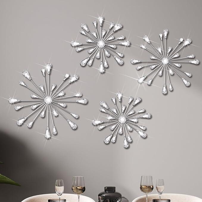 Hicarer 4 Pcs Starburst Wall Decor Bling Wall Art Crystal Teardrop 3D Hanging Rhinestone Radial Metal Artwork Modern Accent Sculptures Decorations for Living Room Home Office Bedroom(Silver)