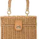 Oweisong Wicker Rattan Purse for Women Summer Beach Woven Straw Tote Bag | Box Basket Bucket, Square Purse, For Vacation, Boho Handbag, Black Beach Bag