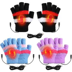 3 Pairs USB Heated Gloves for Women Fingerless Warm Laptop Gloves for Hand Warmers Mittens Computer Electric Gaming, One Size