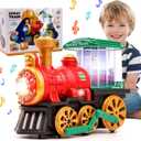 Electric Steam Train Toy for Toddlers 3-5,Bump and Go Truck w/Steam Locomotive,Smoke,Light & Sound, 360 Rotation Christmas Train Truck Toys Birthday Gift for Toddler 1 3 4 5 6 Year Old Boys Girls Kids