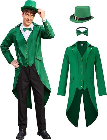 Arvilhill 2 Pcs Men's St. Patrick's Day Costume Leprechaun Outfit Steampunk Tailcoat Hat (XL)