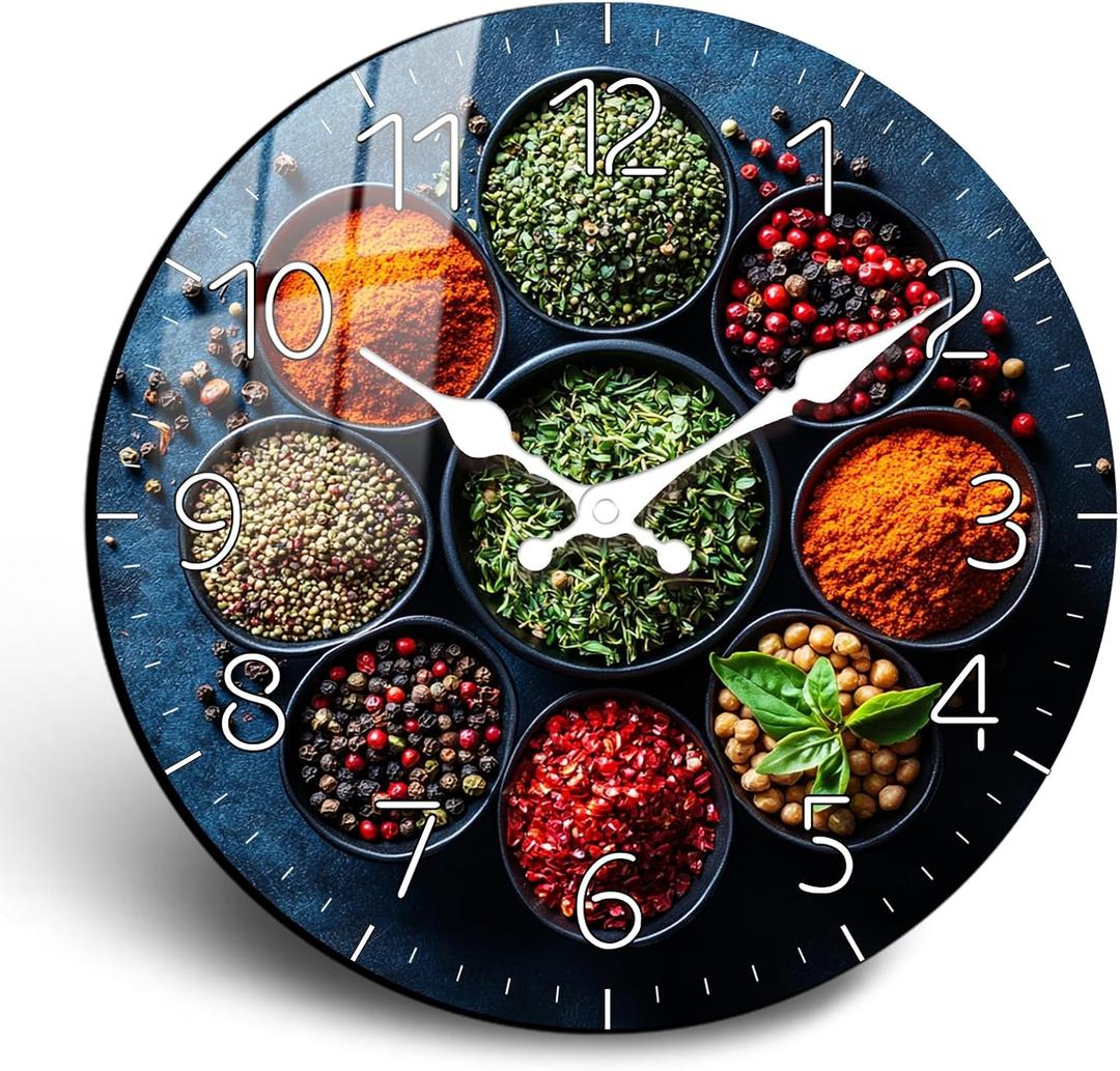 10 Inch Spice Kitchen Wall Clock - Decorative Herb & Spice Design Analog Wall Clocks, Rustic Farmhouse Silent Wall Clock Non Ticking Battery Operated for Bathroom Living Room Wall Dcor