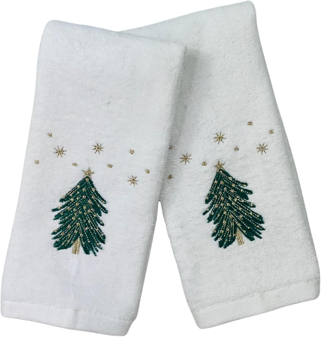 Serafina Home Luxury Holiday Christmas Fingertip Towel Set, Decorated Embroidered Rustic Holiday Tree Under The Stars, Velour Terry Cotton White, Set of 2