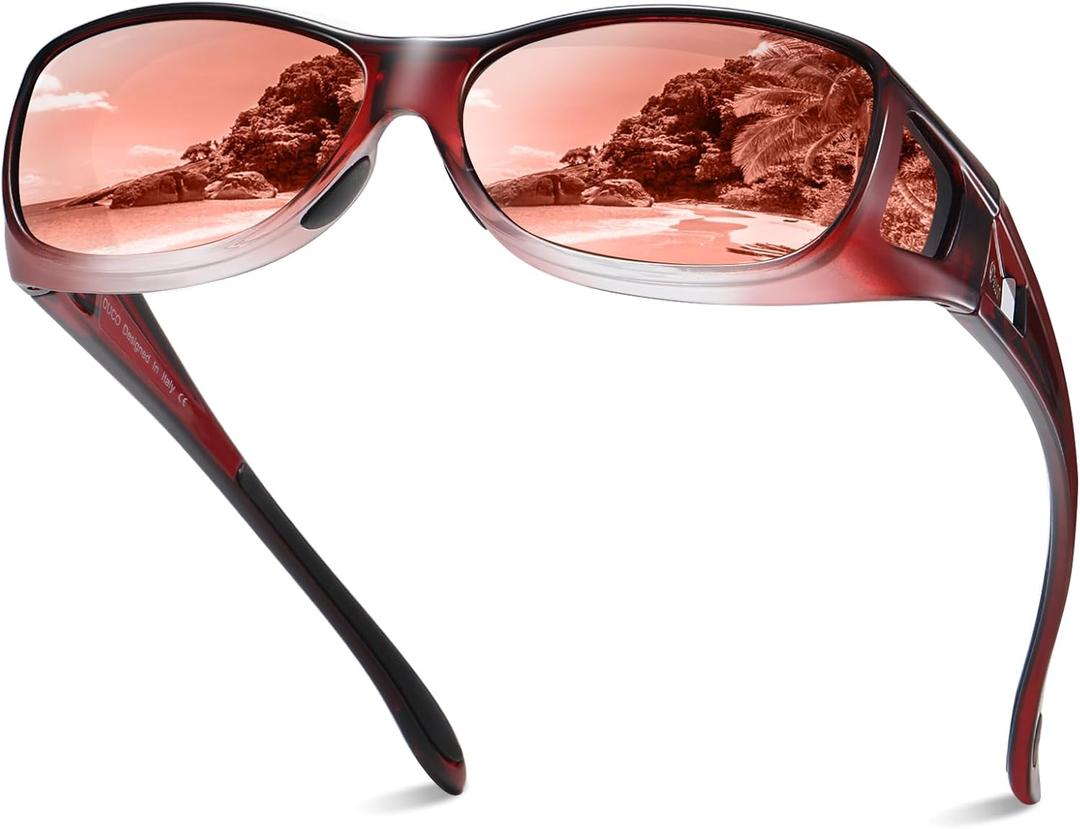 DUCO Polarized Wraparound Fitover Glasses Wear Over Sunglasses for Men Women UV Protection Sun Glasses 8953 (M Wine Red Frame Brown Lens)