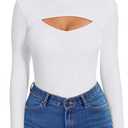 Sexy Cut Out Long Sleeve Tops for Women, Round Neck Ribbed Knit Fitted Tee T-Shirt,Open Chest Design for Going Out Tee (White)