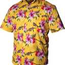 Hawaiian Shirt for Men Yellow Rifle Button Down Shirts Men Novelty Funny Flower & Weapons Shirts with Gun 4XL
