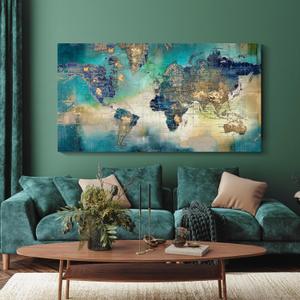 Large World Map Canvas Prints Wall Art for Living Room Office 24x48 Green World Map Picture Artwork Decor for Home Decoration