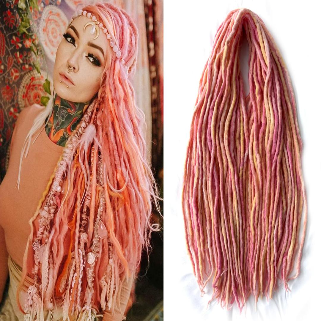 Wool Dreadlock Extensions 22 Inch Wool Double Ended Dreadlock Extensions 15 Strands DE Ends Mixed Pink Synthetic DE Dreads Thin Soft Fake Dreads Hippie Style Dreadlock for Women