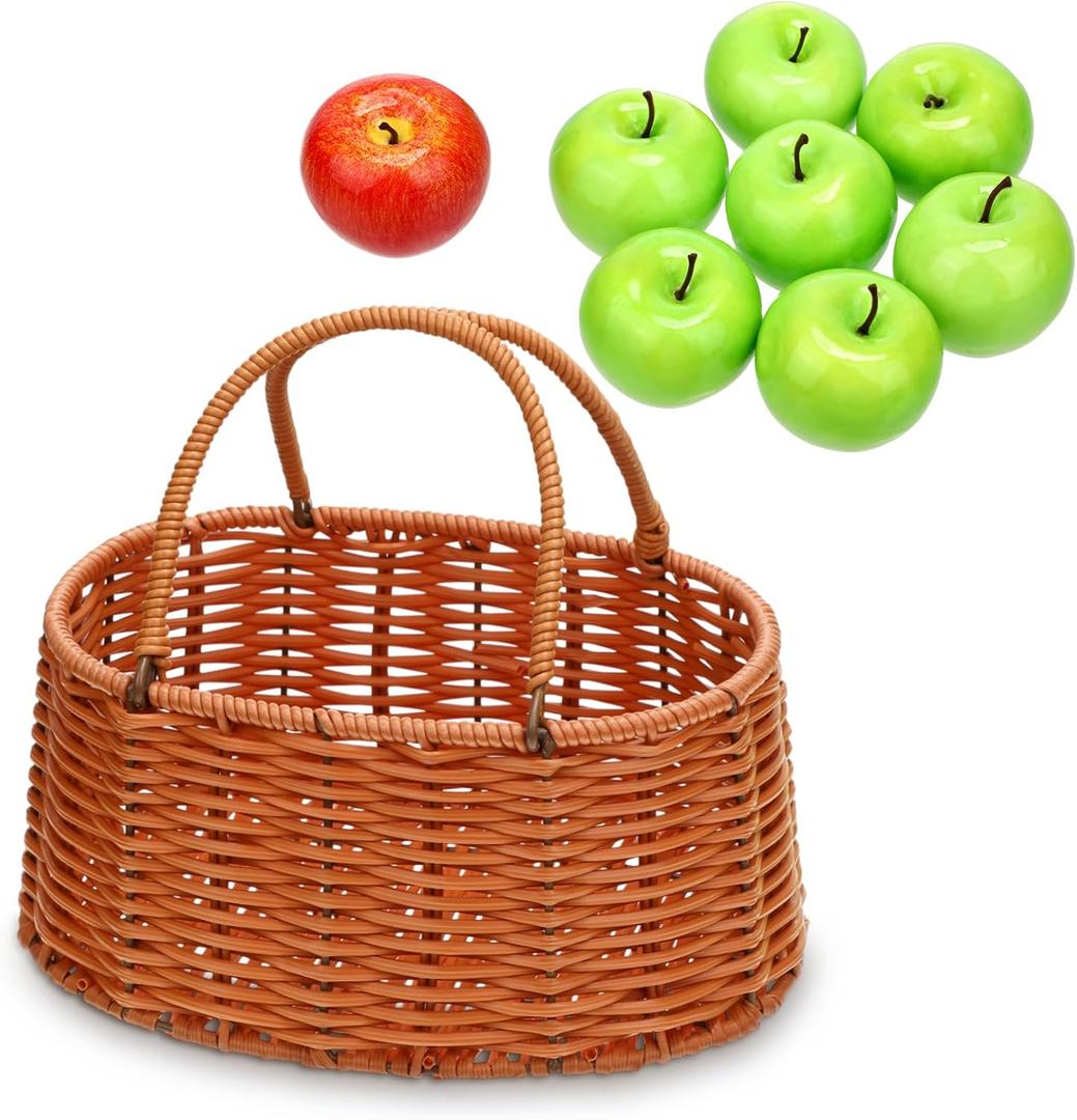 Halloween Party Decoration 8 Pcs Artificial Apples with 1 Pcs Fruit Basket Fake Red Green Apples for Home House Kitchen Table Photography Witch Cosplay Supplies