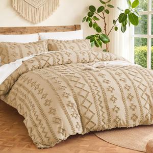 MR&HM Boho Duvet Cover Queen, Soft Vintage Tufted Bedding, 3-Piece, Khaki, Size: Full/Queen