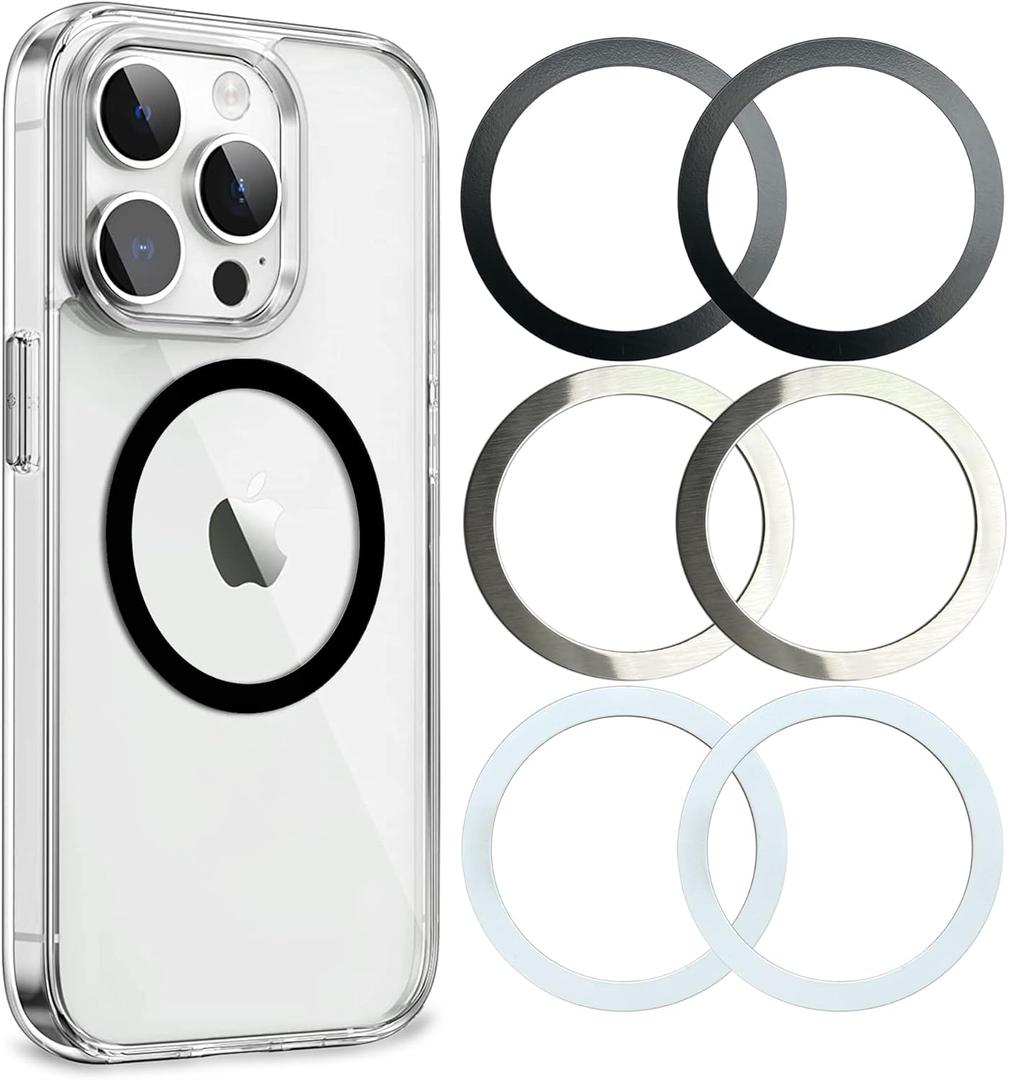 Universal Metal Rings Compatible with Magsafe Sticker,Magnetic Ring for Phone Cases & Wireless Charging, 6 Pack (2 Black,2 White & 2 Silver) (0.4mm-O)