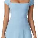 QINSEN Womens Square Neck Tennis Dress Short Sleeve Built in Shorts Golf Athletic Dress with Pockets (Large, Airy Blue)