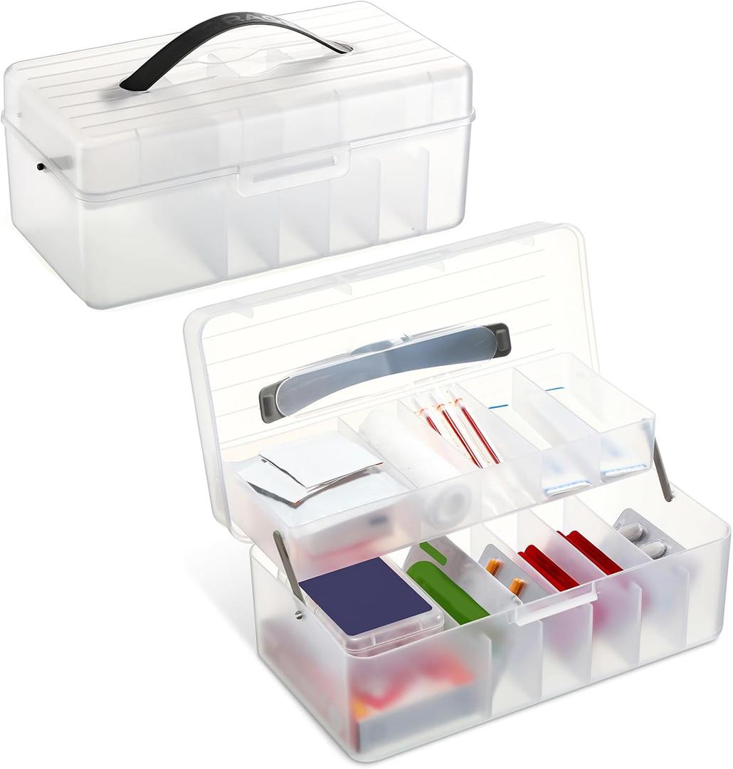 Honeydak 2 Pcs Clear Plastic Bandages Storage Organizer 2 Tiers First Aid Box Large Portable Medicine Container Holder Empty for Home Cabinet Office Travel School Use Supplies