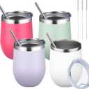 12oz/4 Pack Tumbler Glasses with Lid Stemless Double Wall Vacuum Stainless Steel Travel Tumbler Keeping Cold & Hot, Coffee,Cocktails,Christmas Drinks-Family and Gifts(Multi color-9) (4 pack/Peach Pink,Matcha,Light Pink,Light Purple,White)