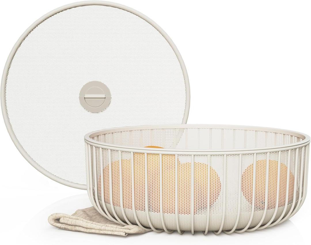 Metal Fruit Bowl with Mesh Lid and Basket - Fruit and Vegetable Holder for Kitchen Counter - Versatile and Durable Storage Basket Organizer for Fruit, Veggie, Snacks - 11x11x4-Inch (Warm Gray)