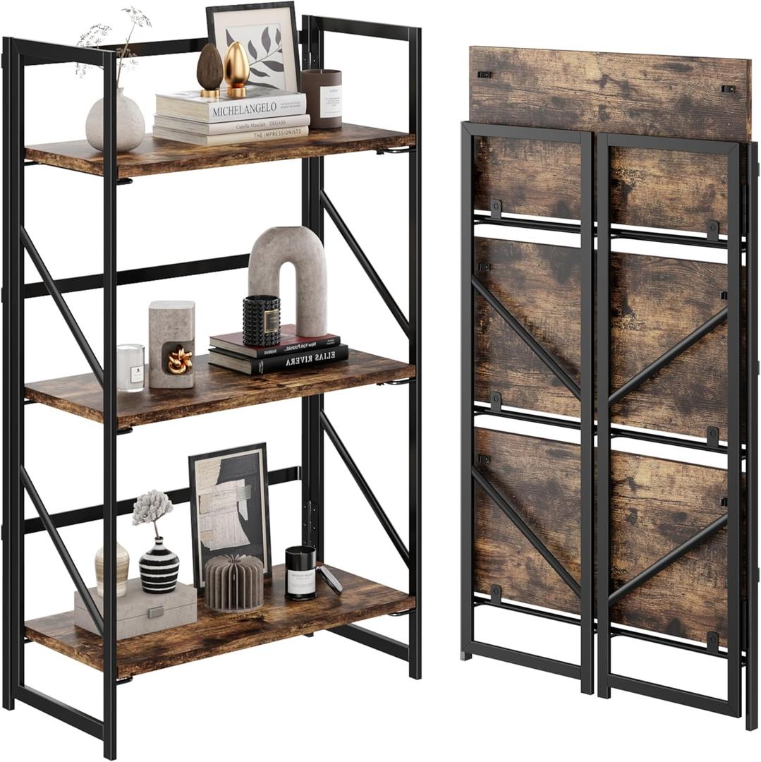 JSB No Assembly Folding Bookshelf, 3 Tier Industrial Metal Book Shelf for Storage, Vintage Wood Foldable Bookcase for Living Room, Bedroom, Office Organization Shelves (Fire Brown)