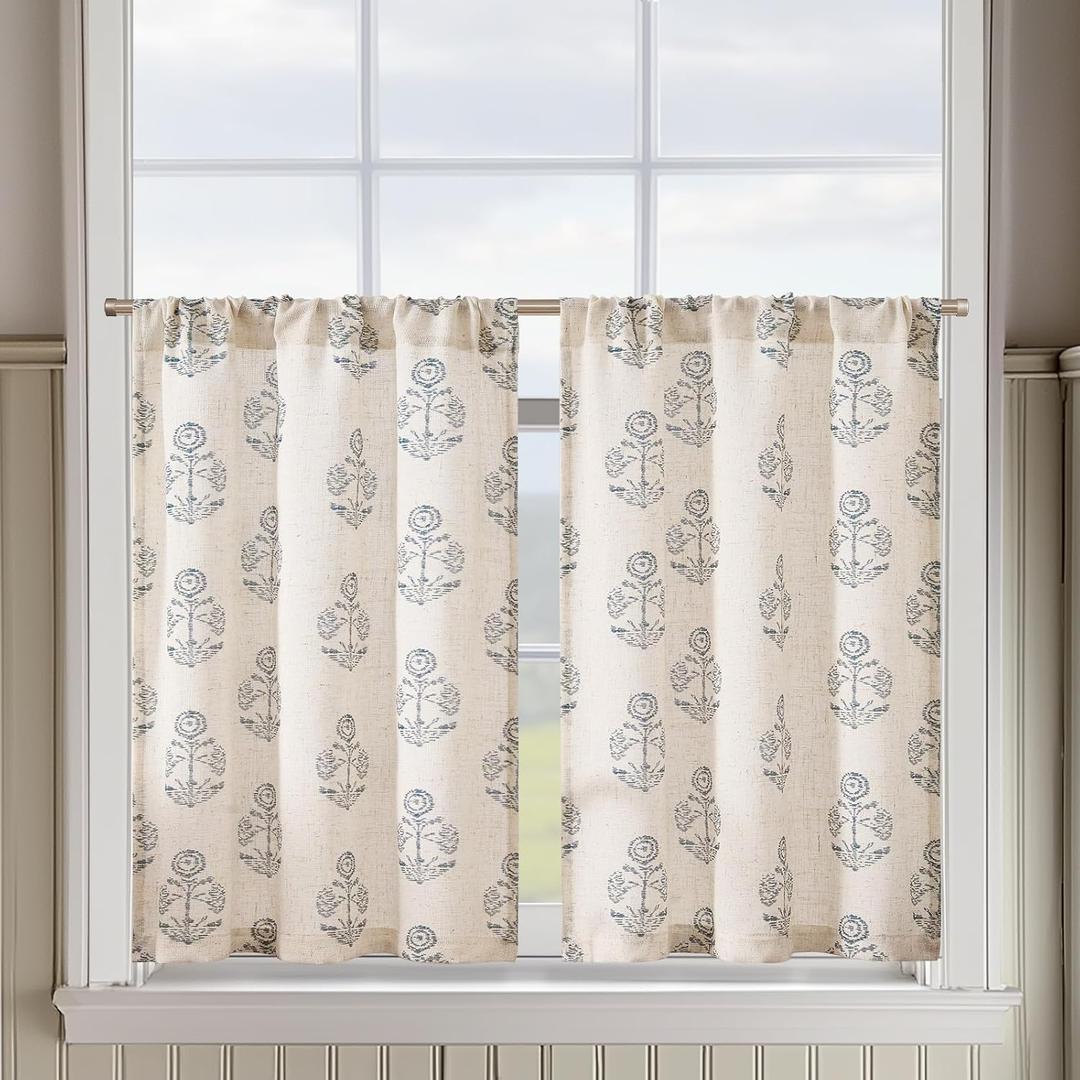 jinchan Linen Kitchen Curtains 36 Inch Floral Tier Curtains Farmhouse Cottage Core Flax Cafe Rod Pocket Country Small Window Drapes for Laundry Room Bathroom RV 2 Panels Blue on Beige