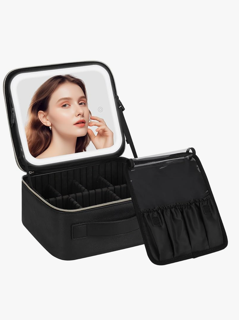 Chomeiu Makeup Bag with LED Mirror, Travel Makeup Case for Women and Makeup Artists Cosmetic Organizer Large Make Up Bags with Light Up Mirror, 3 Color Lights, Adjustable Dividers and Brush Holder