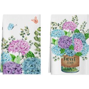 XCHI Hydrangea Flowers Eucalyptus Leaves Spring Kitchen Towels Summer Dish Towels 18x26 Inch Home Kitchen Decorations Hand Towels Set of 2 Drying Dishcloth