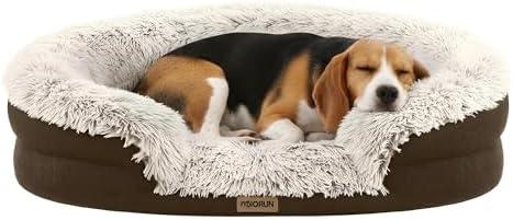 Miorun Fluffy Orthopedic Dog Bed for Dogs, Calming Plush Sofa Bed with Curved Bolster Support and Egg-Crate Foam Base, 35" Cozy Oval Pet Donut Bed with Washable Cover, Coffee