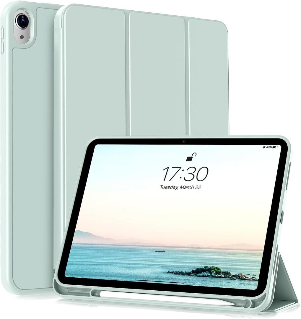 KENKE for iPad (A16) 11th Generation 11 Inch 2025/ iPad 10th Generation 10.9 Inch 2022 Case with Pencil Holder, Slim Trifold Stand Protective Cover with Soft TPU Back, Supports Touch ID, Light Green