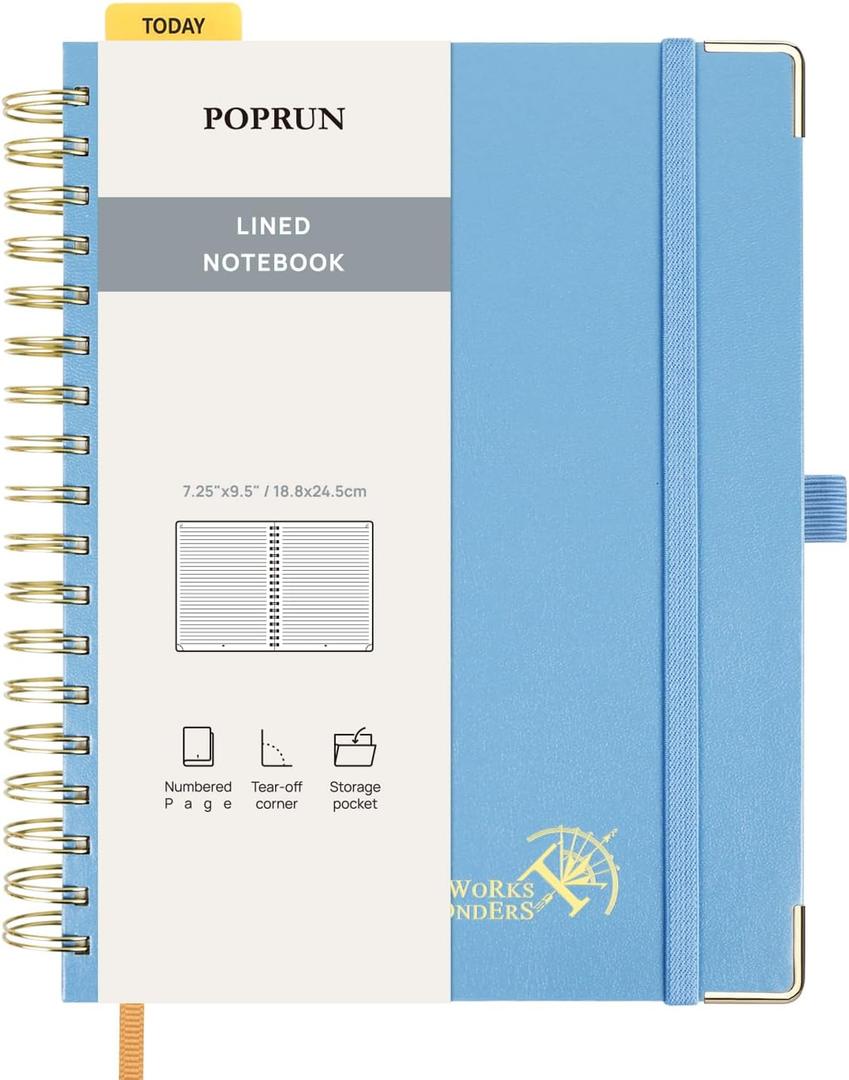 POPRUN Lined Spiral Journal Notebook for Women & Men, 7-1/4" x 9-1/2", 220 Numbered Pages, College Ruled Hardcover Notebook for Work, Journals for Writing, 120 GSM Thick Paper, Haze Blue