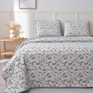 LINNUO HOURSE Quilt Sets King Size,Reversible Lightweight Bedspread with 2 Pillow Shams, Soft Quilted Bedding for Year-Round Comfort, Floral Pattern King Size