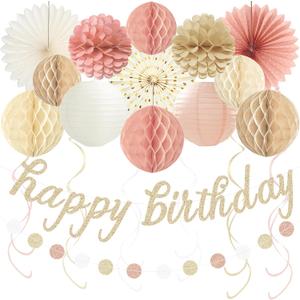 Boho Pink Happy Birthday Decorations for Women Girls, Pre-Strung Happy Birthday Banner with Honeycomb Balls, Paper Flowers, Lanterns, Fans, Hanging Swirls, Circle Dots Garland for Party 24pcs