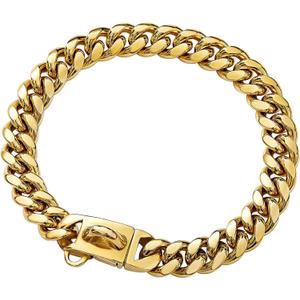 Strong Stainless Steel Gold Cuban Link Dog Collar - 14MM Gold Chain for Small & Medium Dogs - 16'' Necklace
