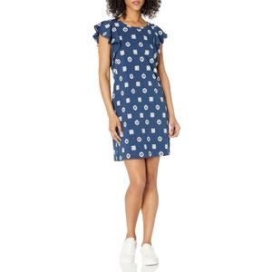  Essentials Women's Relaxed-Fit Heavyweight Cotton Slub Ruffle-Sleeve Dress (Previously Goodthreads), Indigo, Ikat, Large