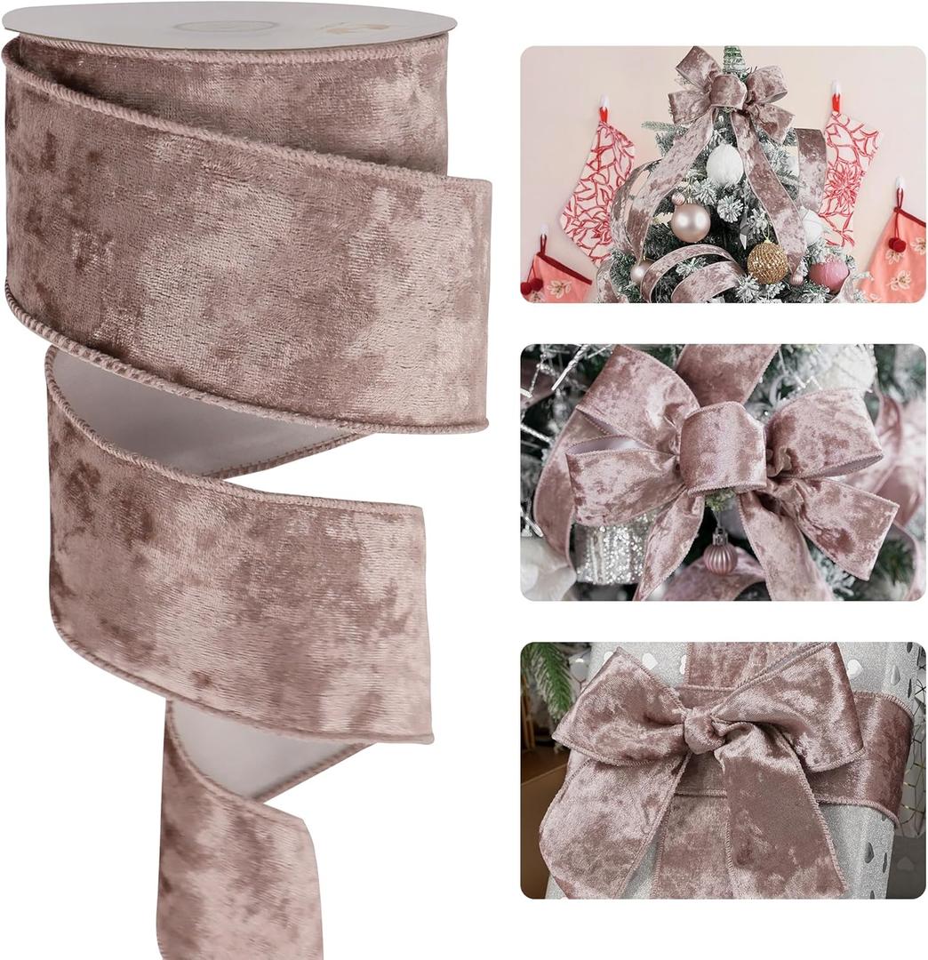 2 x HUIHUANG Dusty Rose Velvet Wired Ribbon 2-1/2", Dusty Pink and White Velvet Wire Ribbon for Christmas Tree, Bows, Wreaths, Gift Wrapping, Garland, Home Decor, Crafts-Continuous 10 Yards/Roll