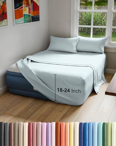 Air Mattress Sheet Set for King Size - 4 Piece Breathable & Cooling Sheets w/ Extra Deep Pockets - Fits Inflatable & Blow Up Air Mattresses Up to 24 Inches Thick - Ultra Soft & Wrinkle Free - Sky Blue