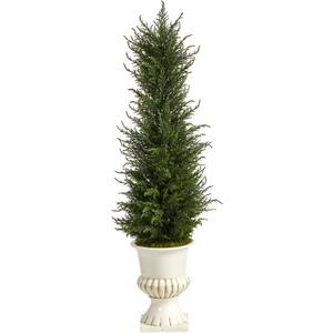Nearly Natural 39in. Cypress Artificial Tree in White Urn UV Resistant (Indoor/Outdoor)