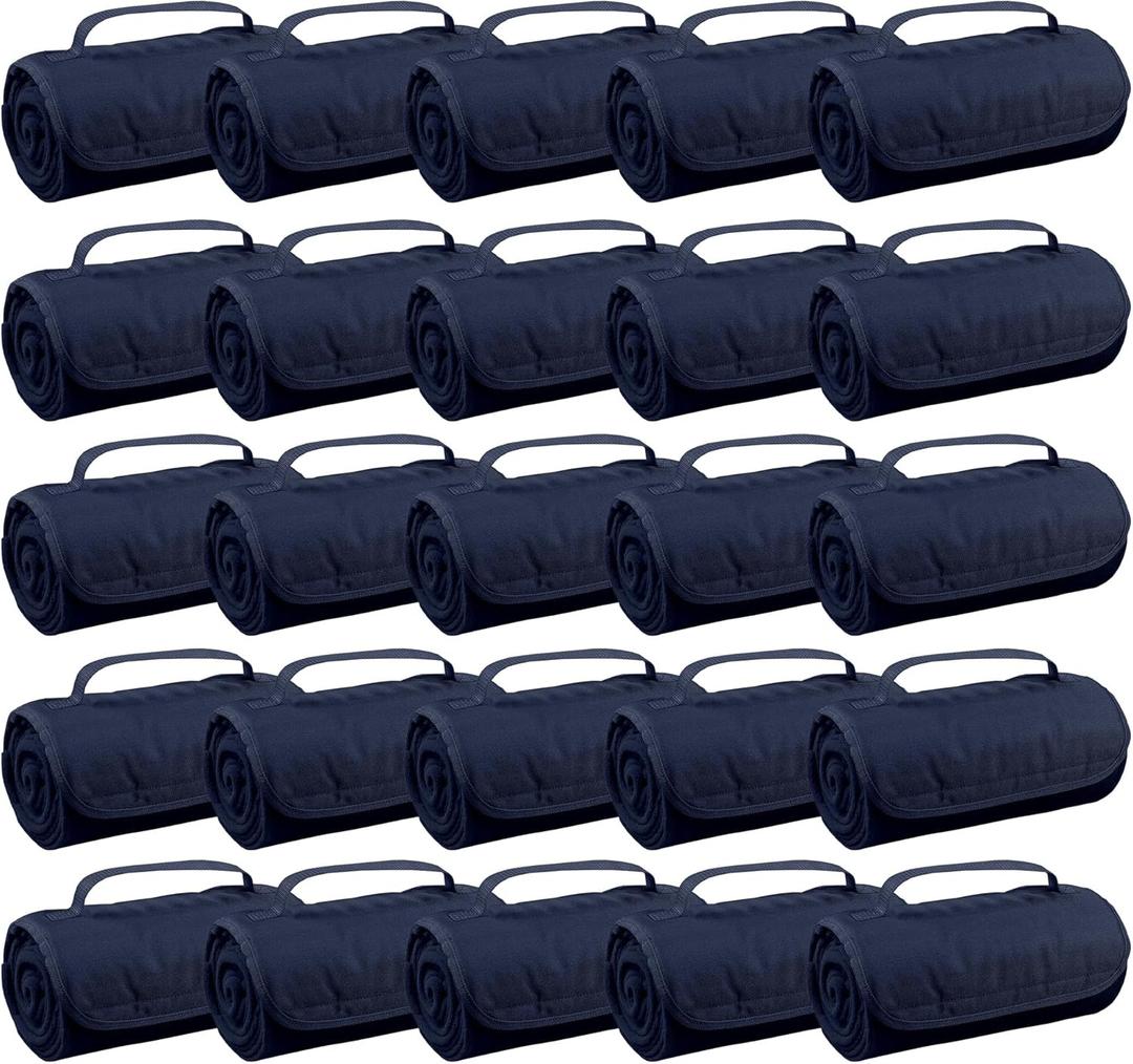 25 Ct of Roll-Up Blankets for Camping, Travel, Outdoors, Beach, Picnics  Dark Blue  Hook + Loop Closure for Easy Use in Cars & on Airplanes  Customizable for Promotions & Events
