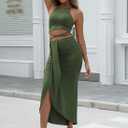HUUSA Women's Sexy 2 Piece Skirt Sets Elegant Bodycon Maxi Dress Sleeveless Tank Shirt Tops High Waist Ruched Slit Long Dress (Green, XXL)