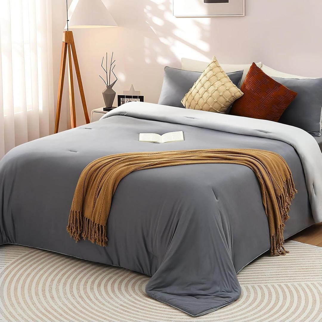 Elegear King Comforter Set Gray, PCM Tech Ultra-Soft Bedding Set, 2Pcs Upgraded Micro Fleece Lightweight Breathable Comforter Set All Season, 1 Reversible Comforter 102x90, 2 Zipper Pillowcases 20x36