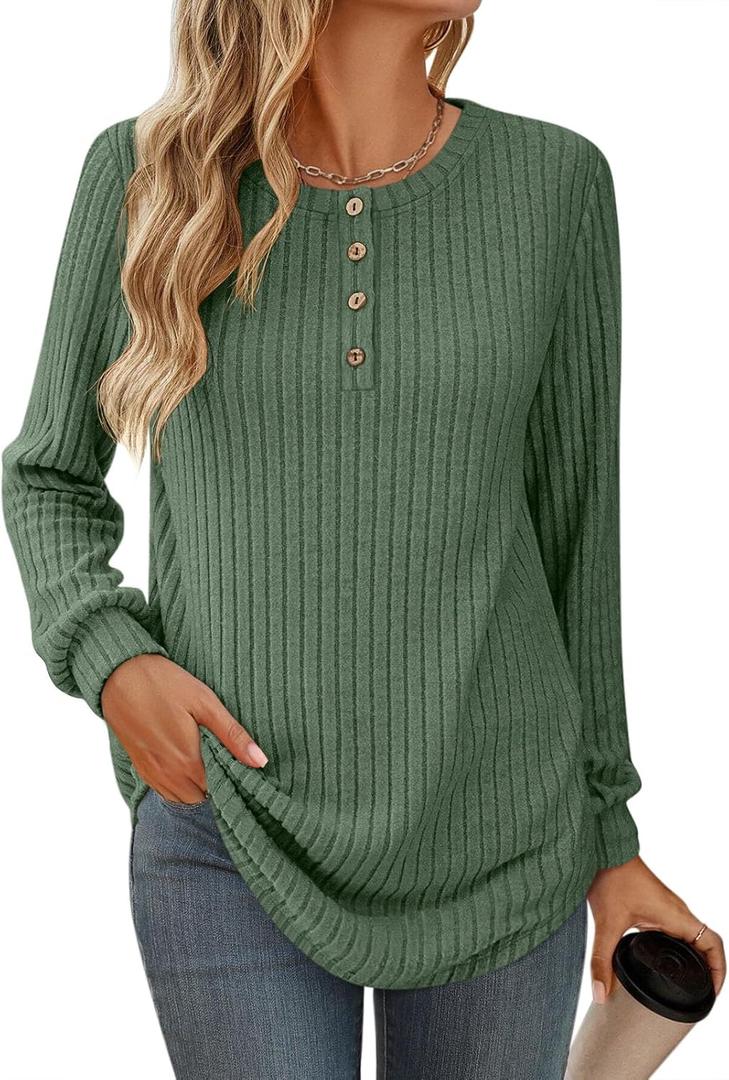 Womens Long Sleeve Henley Tunic Tops Crew Neck Pullover Sweaters Loose Fit Dressy Casual (Green, M)