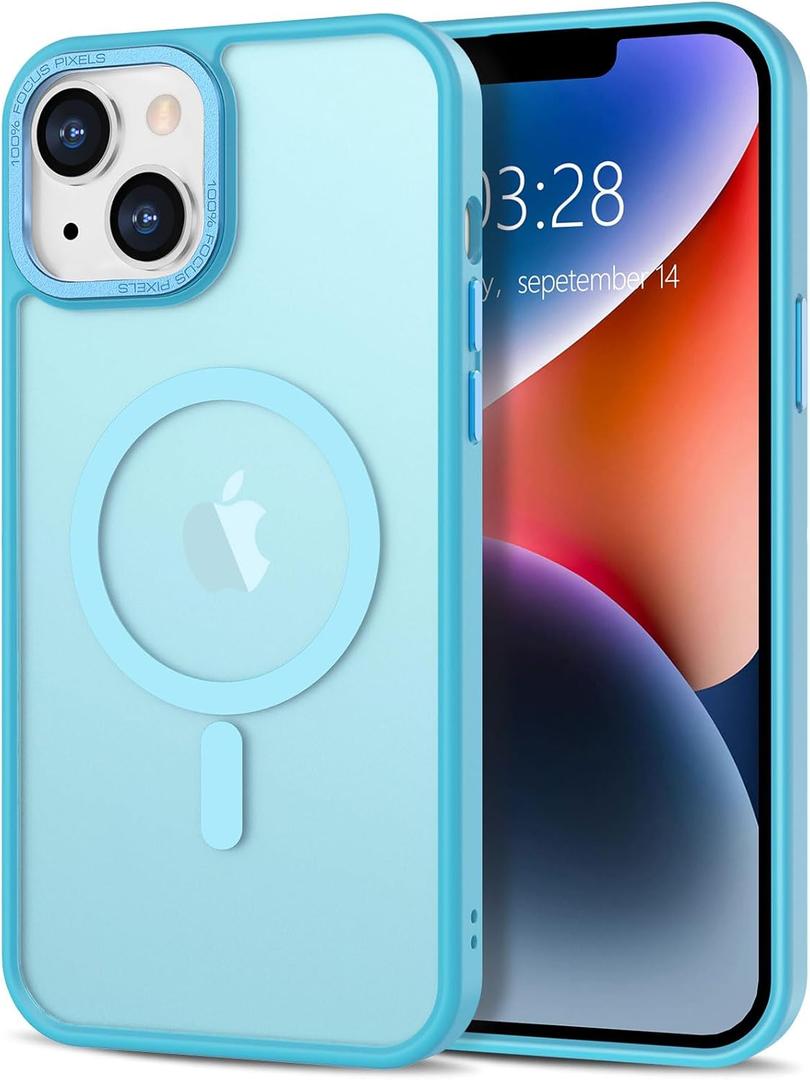 Anuck Case for iPhone 14 Plus Case Magnetic Phone Case Compatible with MagSafe, Soft TPU Bumper Hard Translucent Matte Back Slim Fit Shockproof Protective Cover for Men Women Girls - Lake Blue