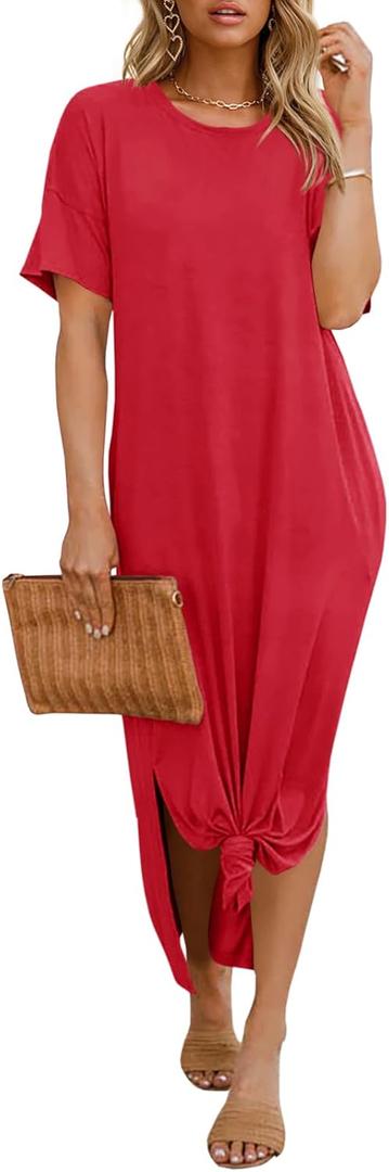 Dyexces Womens Summer T Shirt Dress Casual Drop Shoulder Round Neck Maxi Dresses Loose Side Slit Midi Dress with Pockets (Small, Red)
