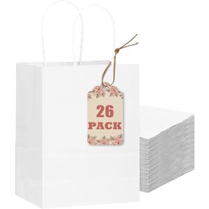 qiqee 26-Packs White Gift Bags with Handles Bulk 8.3"x3"x 6" Small Size Paper Bags Multiple Uses (Small Size)