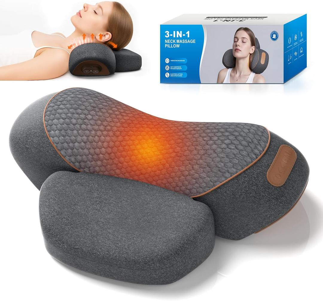 Neck Massager Pillow with Heat, 3-in-1 Shiatsu & Cervical Traction for Pain Relief, Ergonomic Shoulder Massager and Posture Corrector for Men & Women, Corded Electric, Dark Gray