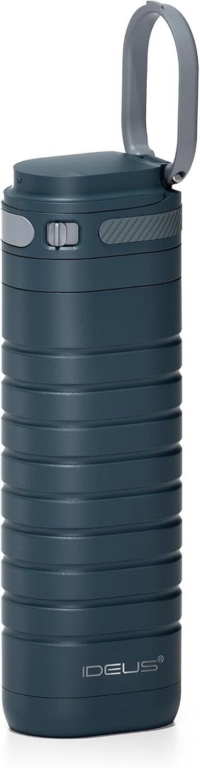 IDEUS Insulated Stainless Steel Water Bottle 14 oz Lockable Lid & Leakproof Travel Coffee Mug for Hot/Cold Beverages Fits Most Cup Holder (Navy Blue)
