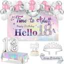 18th Birthday Decorations for Girls with Time to Adult Banner,Iridescence Tablecloth, Silver 18th Birthday Tiara and Sash, Birthday Cake Topper,Candles, 18 Number Balloons and Latex Balloons Arch