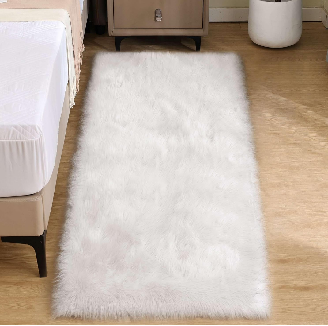 White Faux Fur Runner Rug 27" x 60"Faux Sheepskin Rug for Bedroom Fluffy Fuzzy Furry Bedside Rugs Shaggy Plush Washbale Rectangle