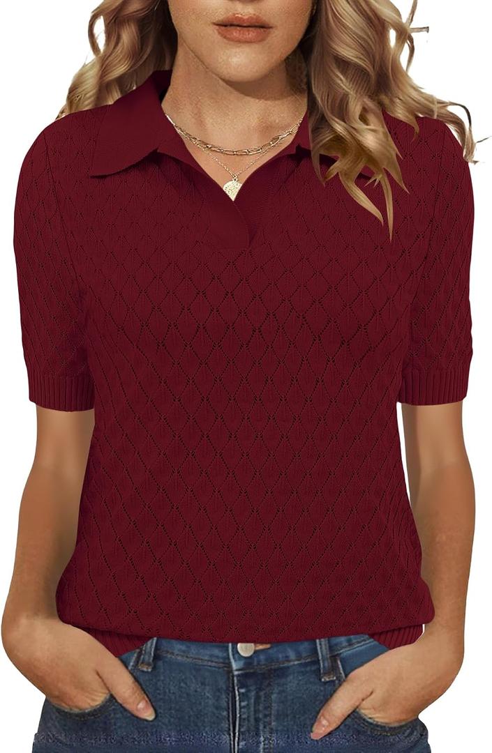 Rapbin Womens Short Sleeve Knit Polo Shirts Summer Spring Sweater Tops (Red, XL)