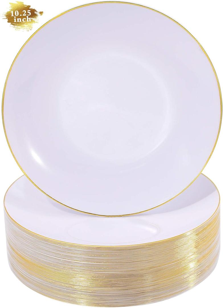 Nervure 100 Pieces Gold Plastic Plates - 10.25 inch Gold Dinner Plates - Heavyweight White and Gold Disposable Plates Ideal for Wedding & Party & Father's Day & Christmas