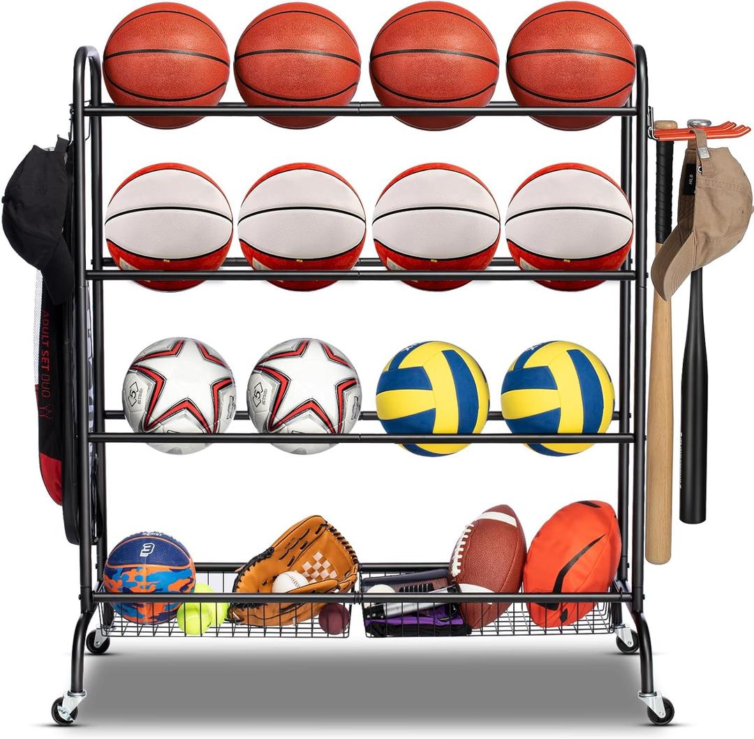 Basketball Rack, Rolling Basketball Shooting Training Stand,Sports Equipment Storage with Wheels, Four-Layer Organizer Holder with Two Basket for Basketballs Footballs Volleyball (Black)